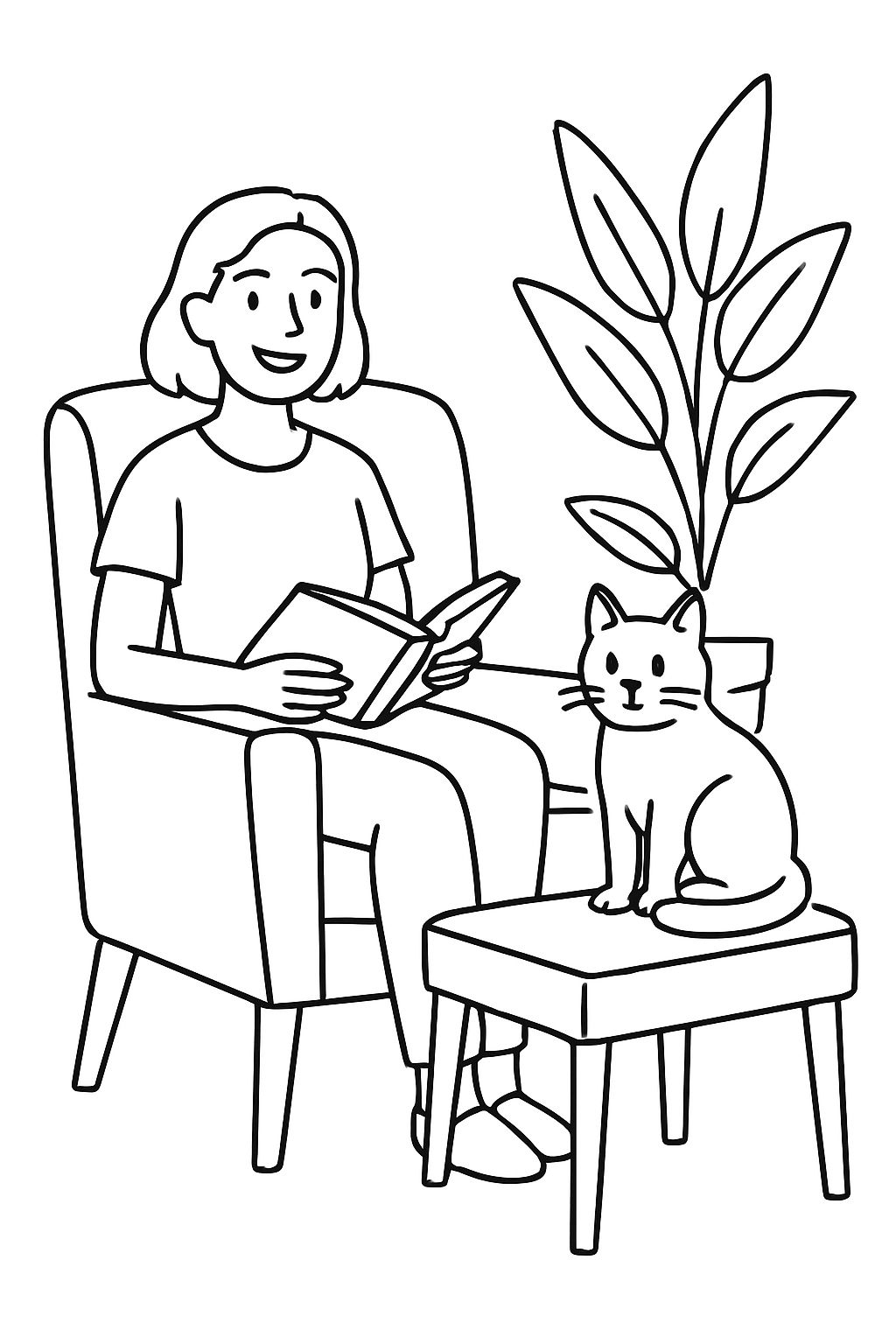 Cozy Indoor Reading Scene with Cat and Plant Coloring Page