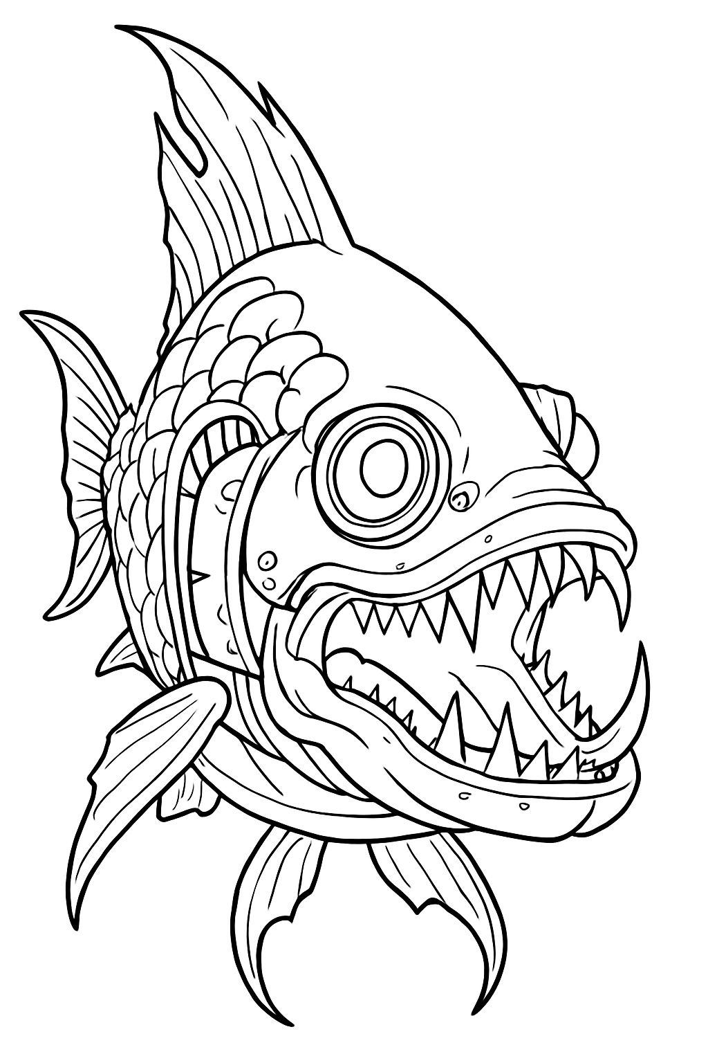 Menacing Cartoon Predatory Fish Line Drawing Coloring Book Pages