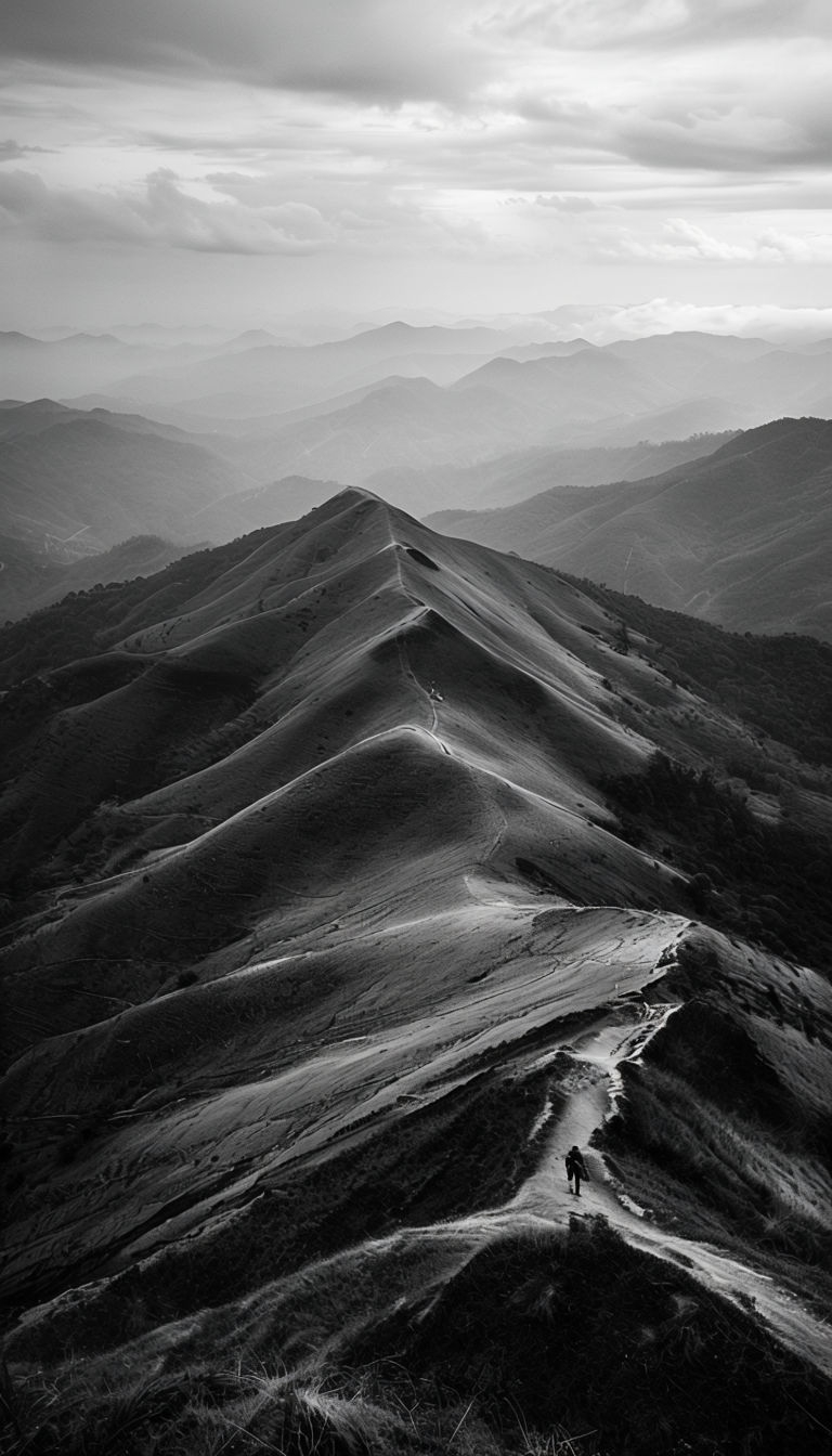 Serene Black-and-White Mountain Landscape with Lone Hiker Mobile Wallpaper