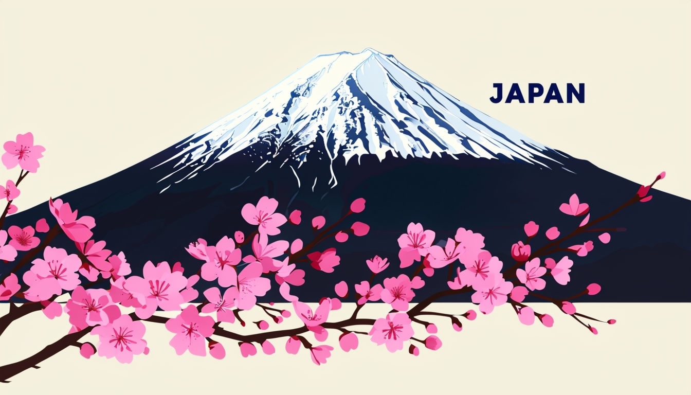 Mount Fuji and Cherry Blossoms Minimalist Illustration Background