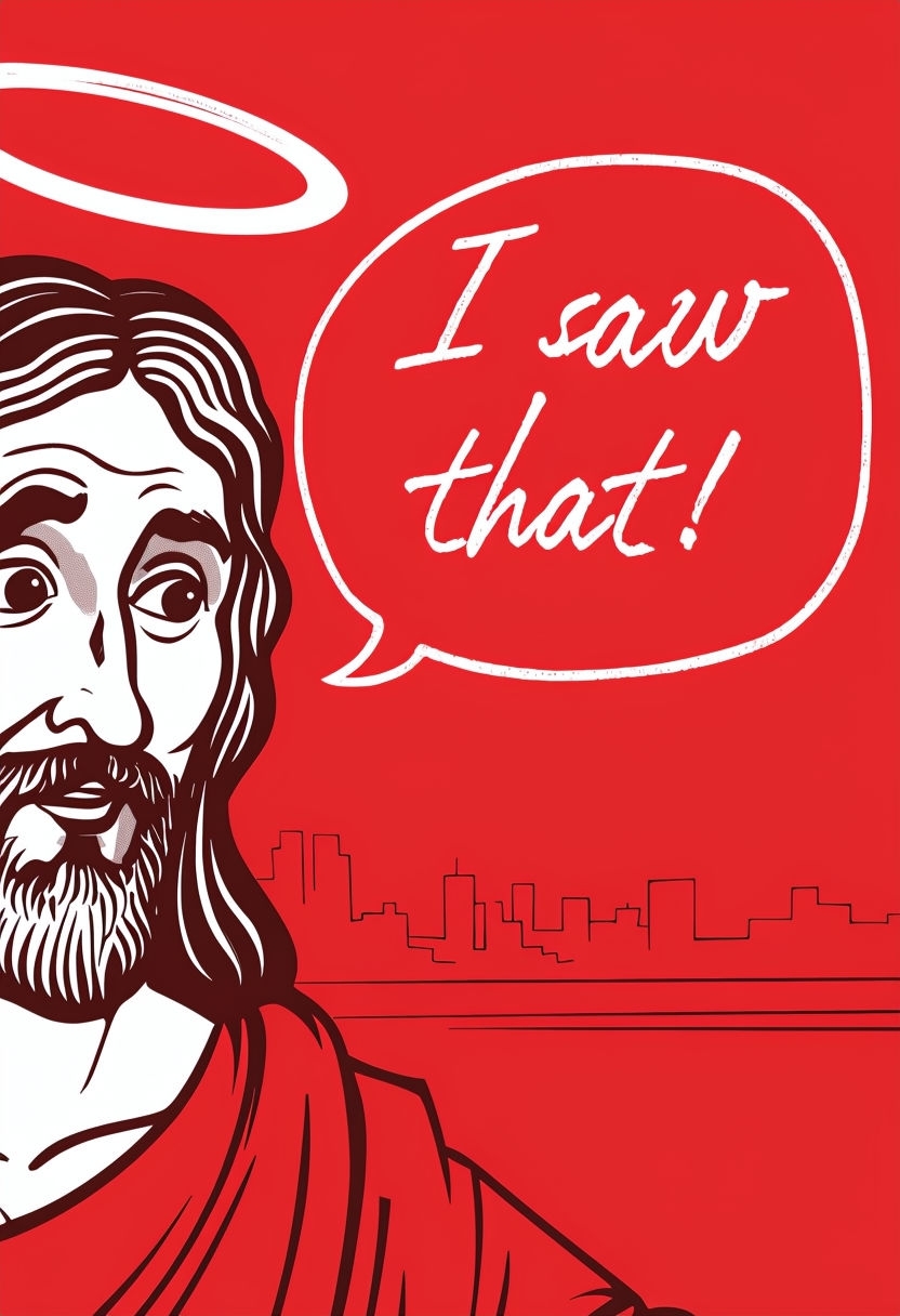 Playful Cartoon Jesus with Speech Bubble Minimalist Poster