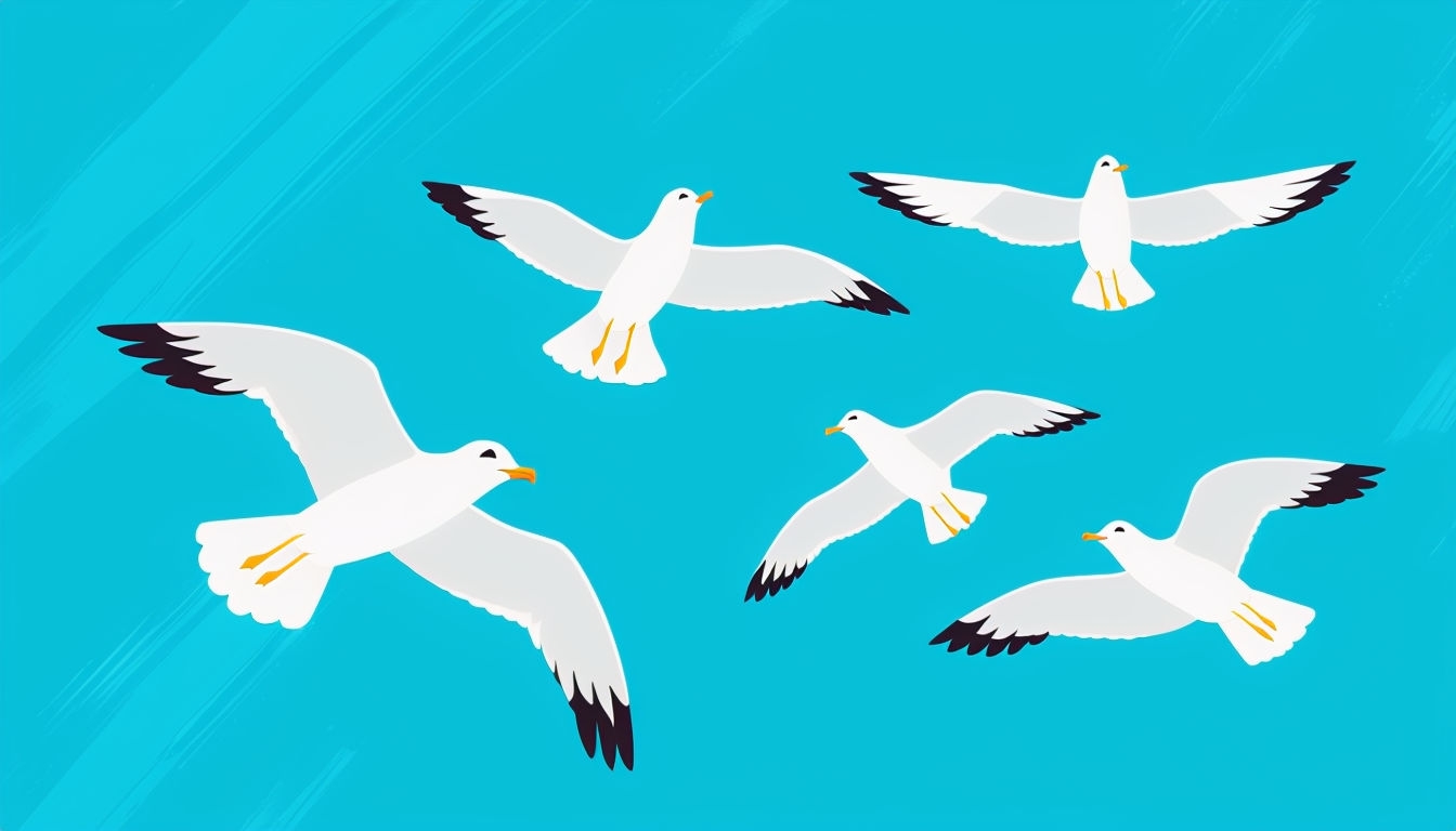 Playful Seagulls in Mid-Flight Minimalist Illustration Background