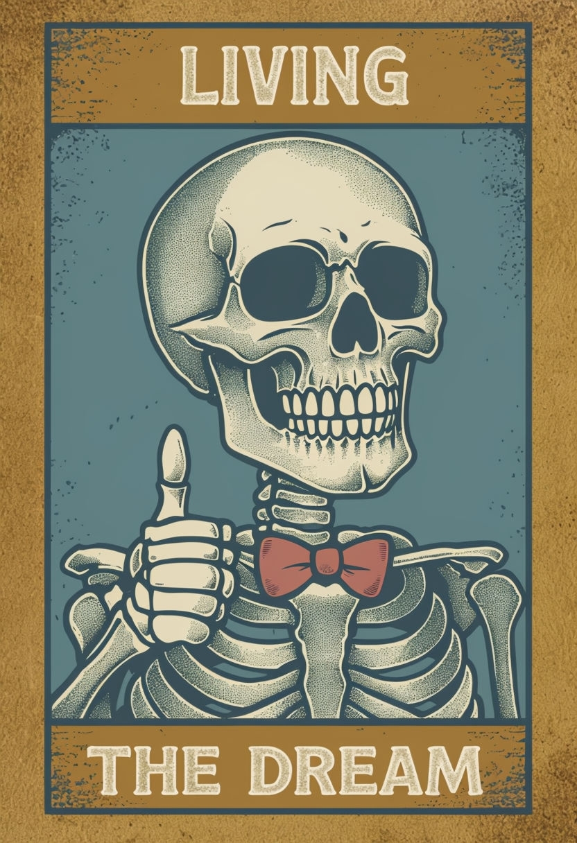 Cheerful Skeleton Living the Dream Vintage Illustration Poster