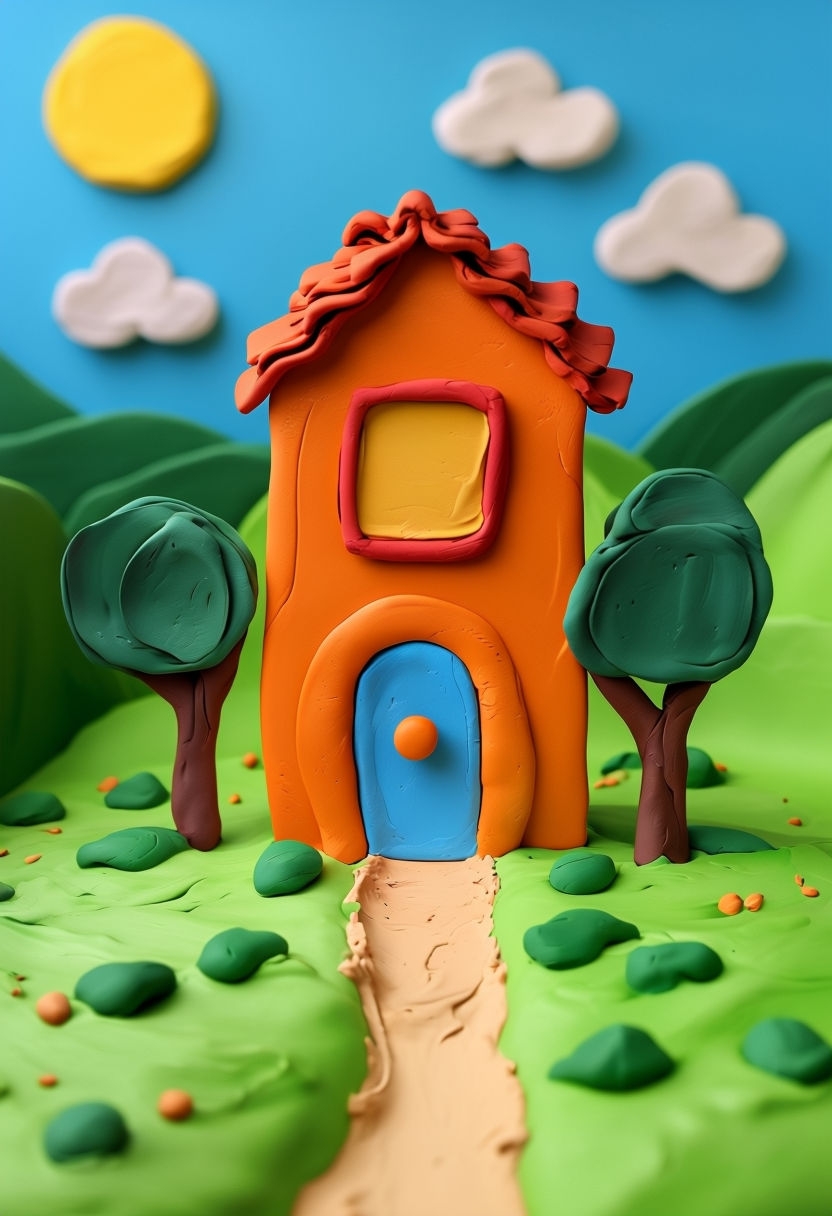 Cheerful Whimsical Clay Landscape with Colorful House Art