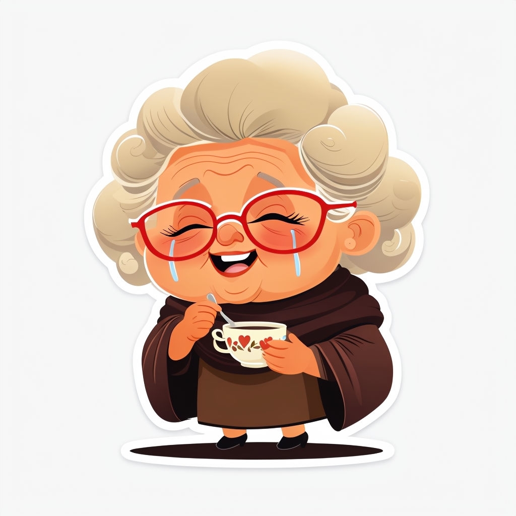 Joyful Elderly Woman with Heart Cup Cartoon Sticker