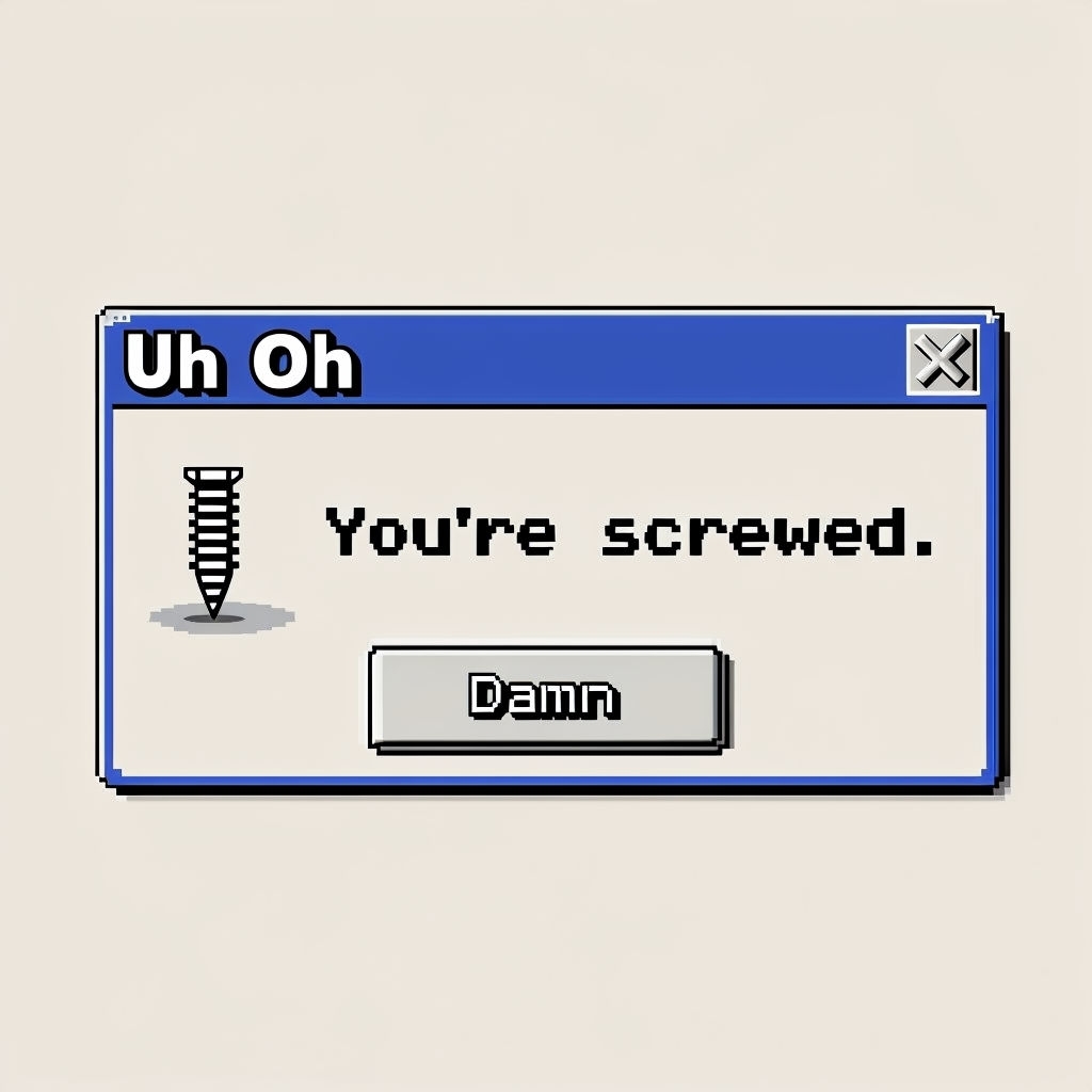 Humorous Retro Computer Dialog Box with You're Screwed Message Meme