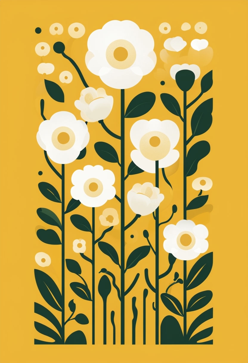 Modern Abstract Floral Design on Golden Yellow Background Art