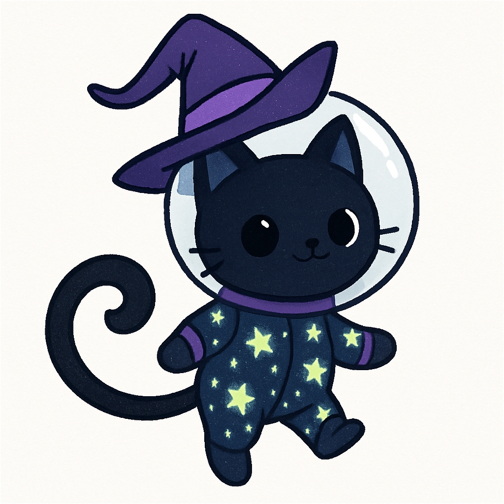 Cute Black Cat in Witch Hat and Astronaut Helmet Sticker