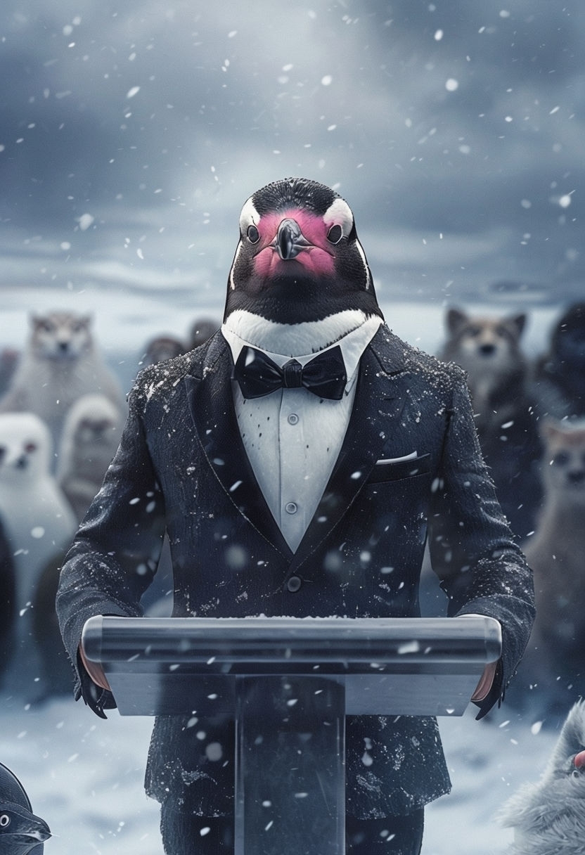 Inspirational Penguin in Suit Delivering Speech Poster