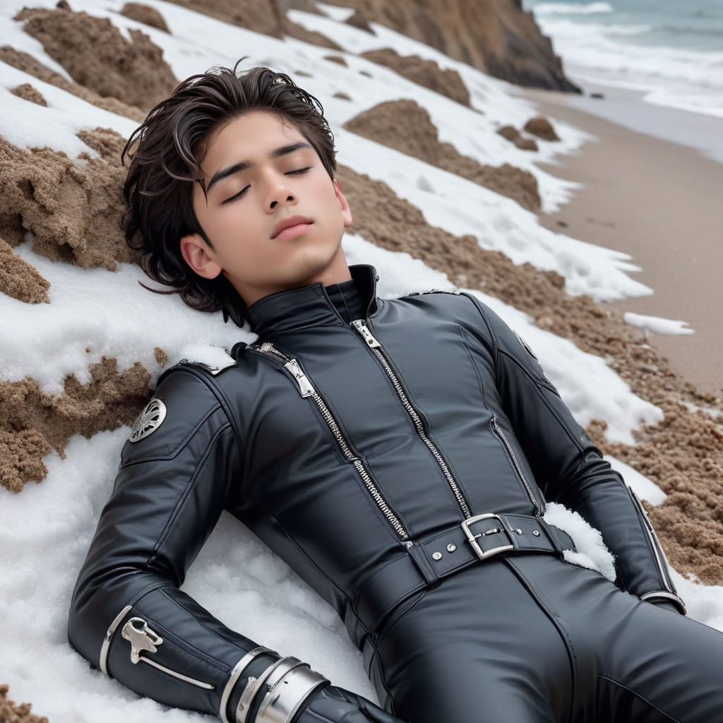 brunet beautiful biker boy 16 age tanned skin indio with in black leather  catsuit whit zipper padded leather GLOVE with a gift in his hand with  trying to sleeping dead seen from