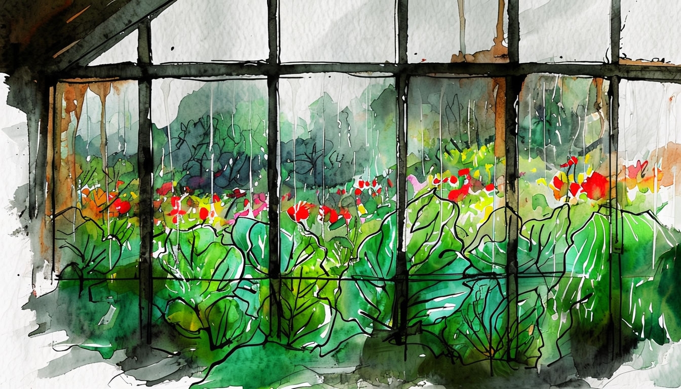 Lush Greenhouse View with Rain-Streaked Glass Virtual Background