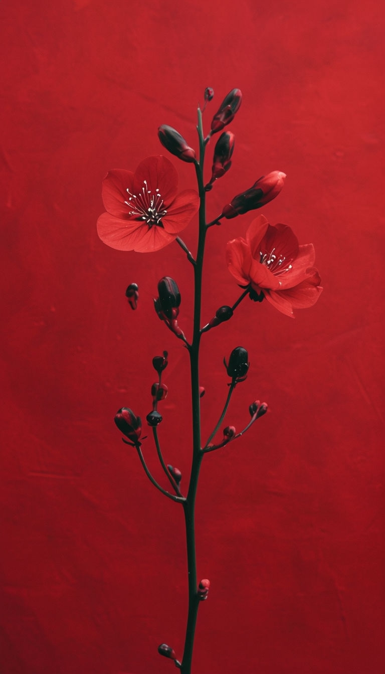 Elegant Dark Green Stem with Red Flowers Minimalist Art