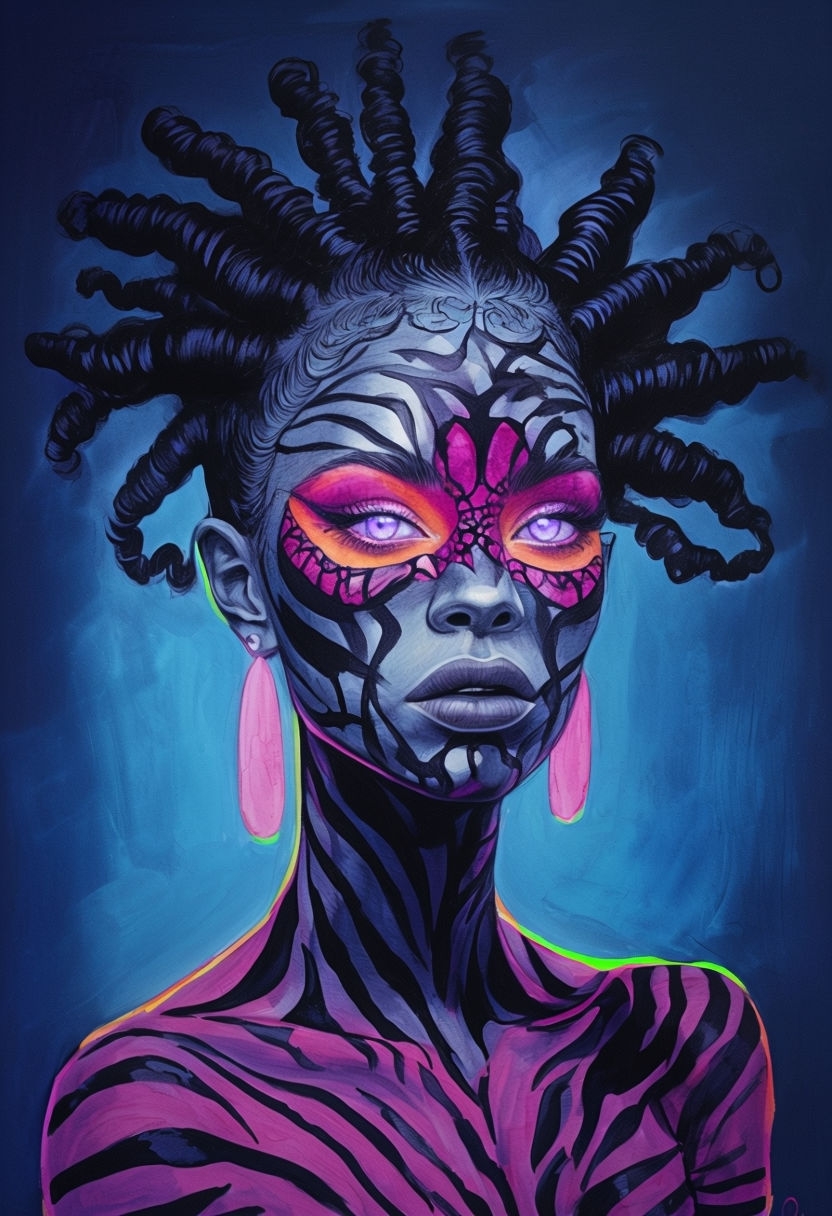 Vivid Neon Body Art Portrait of a Woman in Gouache Painting Art