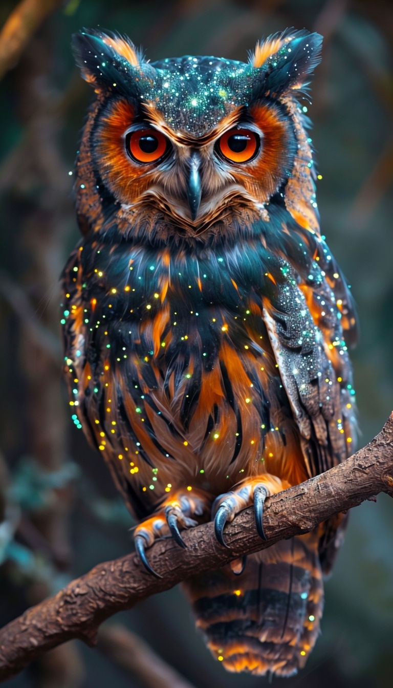 Mesmerizing Owl Close-Up with Glittering Feathers Mobile Wallpaper