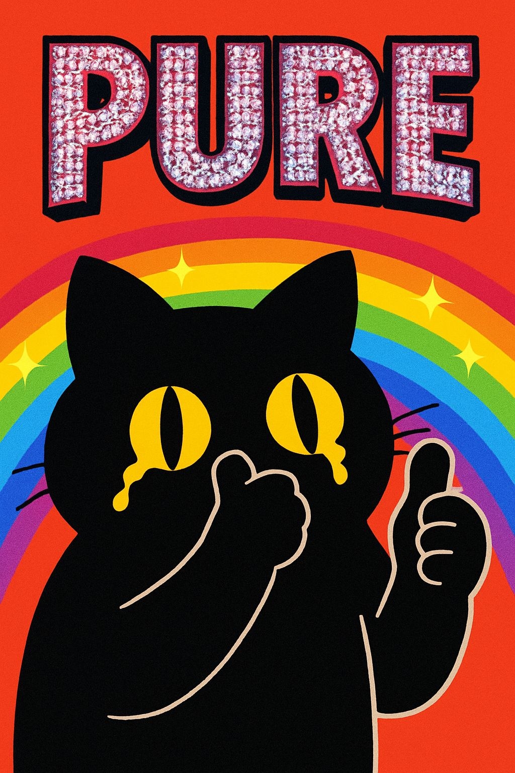 Vibrant Cartoon Cat with Pure Sparkling Text and Rainbow Poster