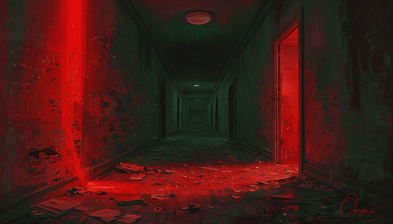 Eerie Deserted Hallway Digital Art with Ominous Atmosphere Virtual Backgrounds