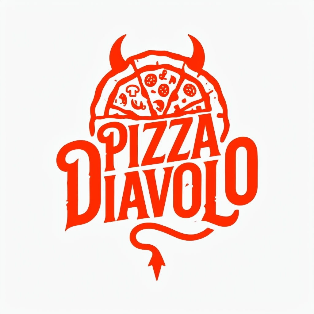 Vibrant Red Pizza Diavolo Logo with Playful Devil Elements