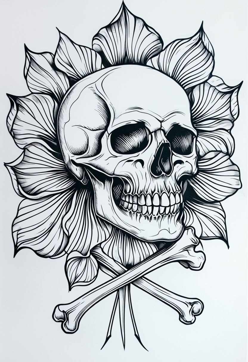 Intricate Black and White Skull and Floral Design Art