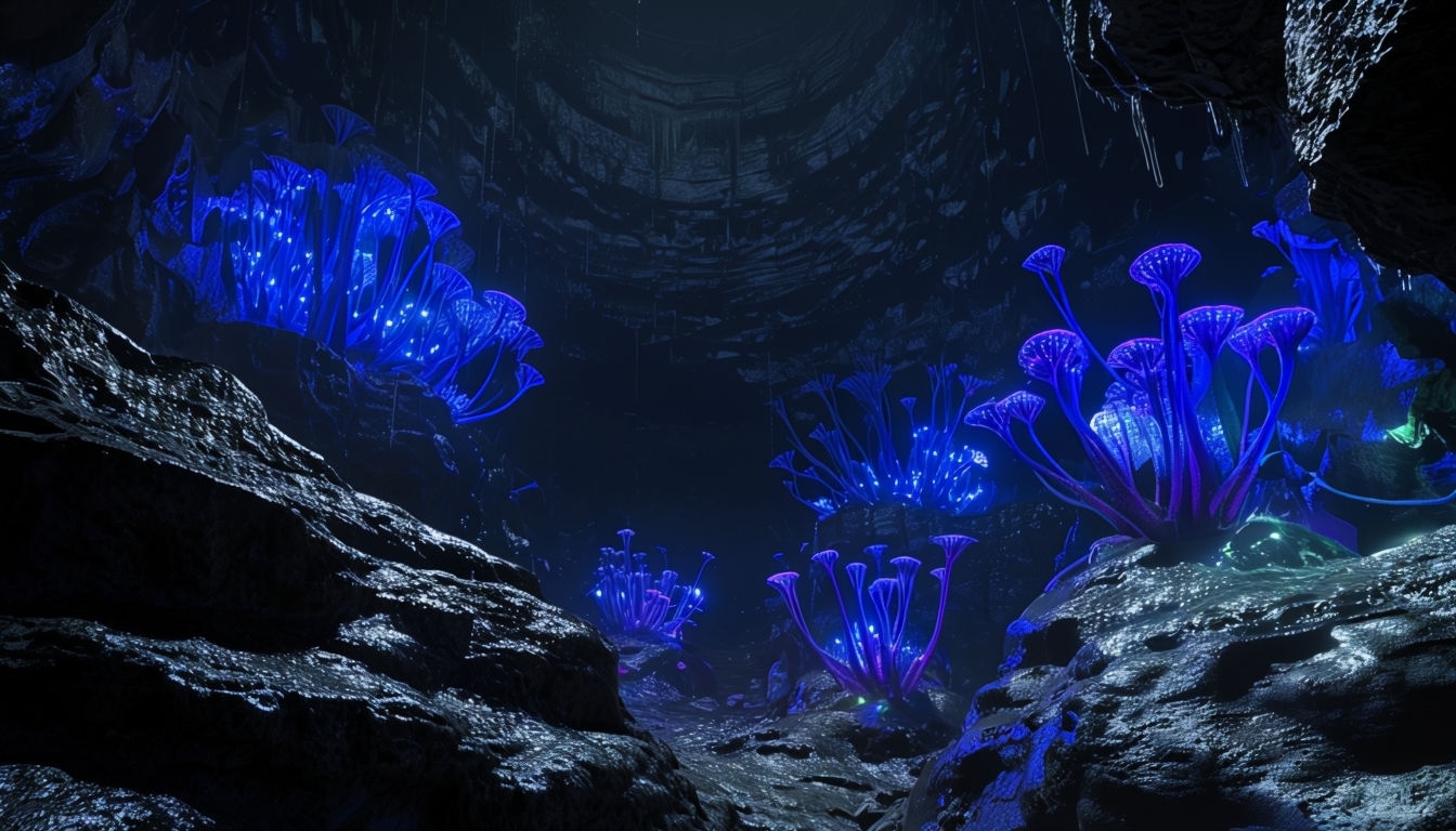 Mysterious Bioluminescent Cavern Scene for Virtual Backgrounds