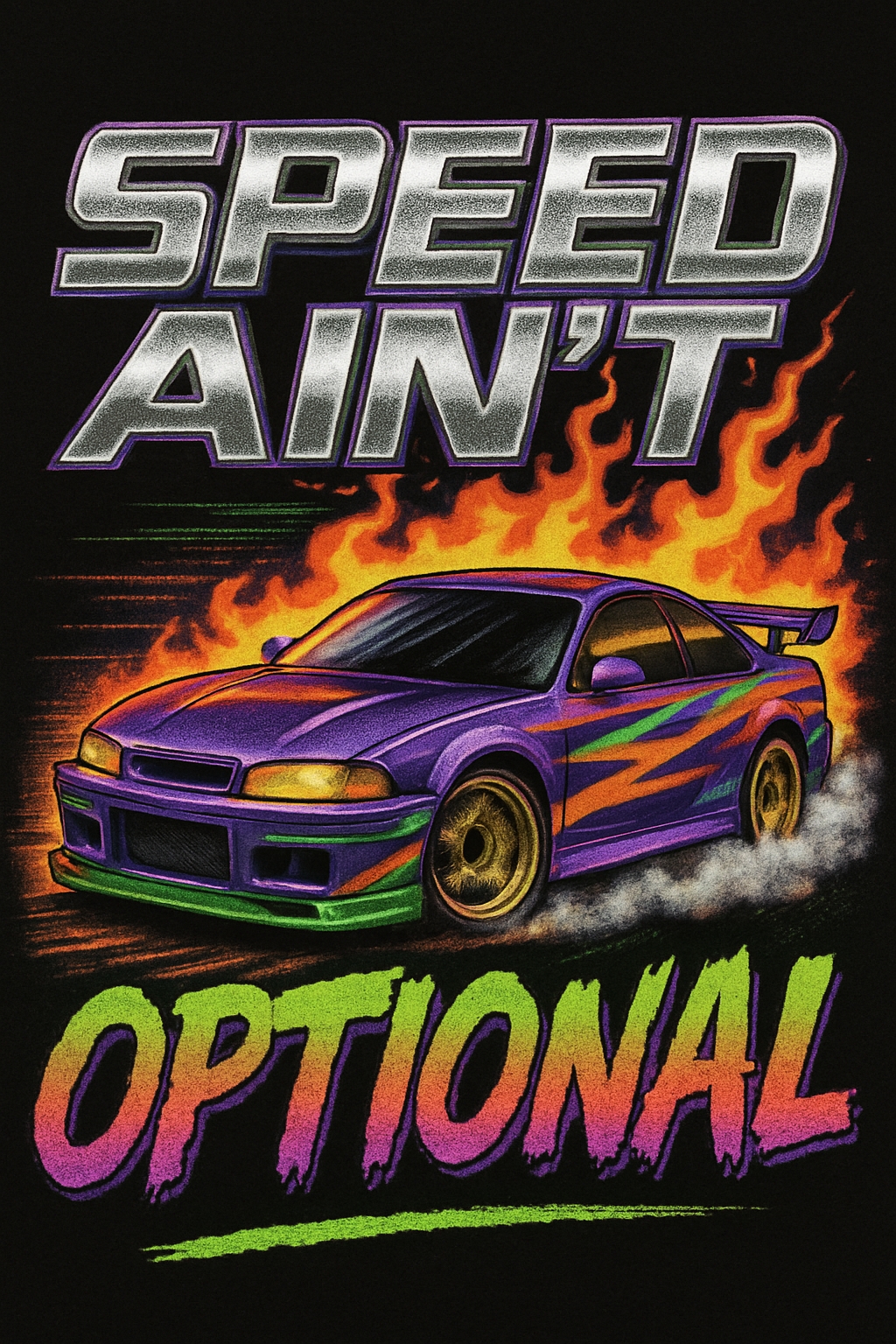 Vibrant Retro Sports Car with Flames and Bold Text T-Shirt