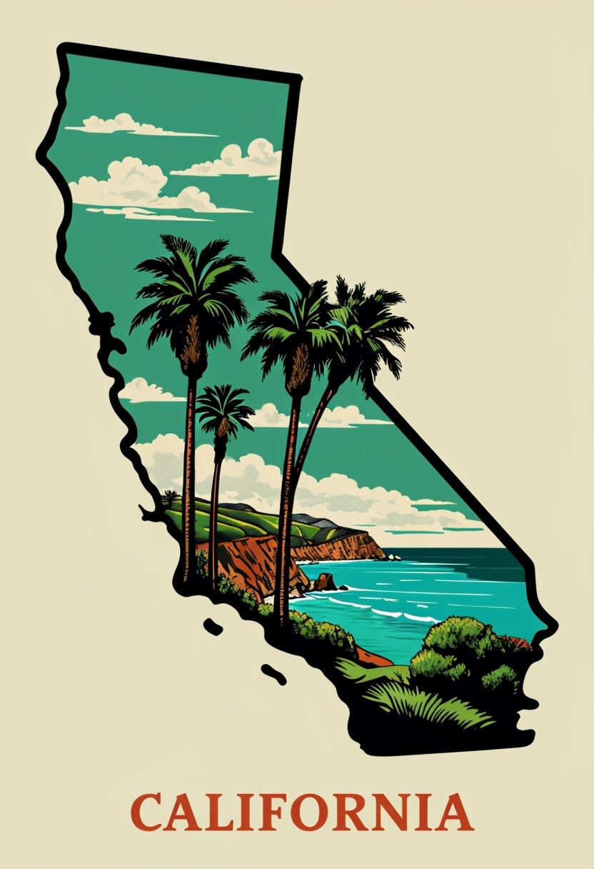 Vintage California Coastal Landscape Illustration Poster