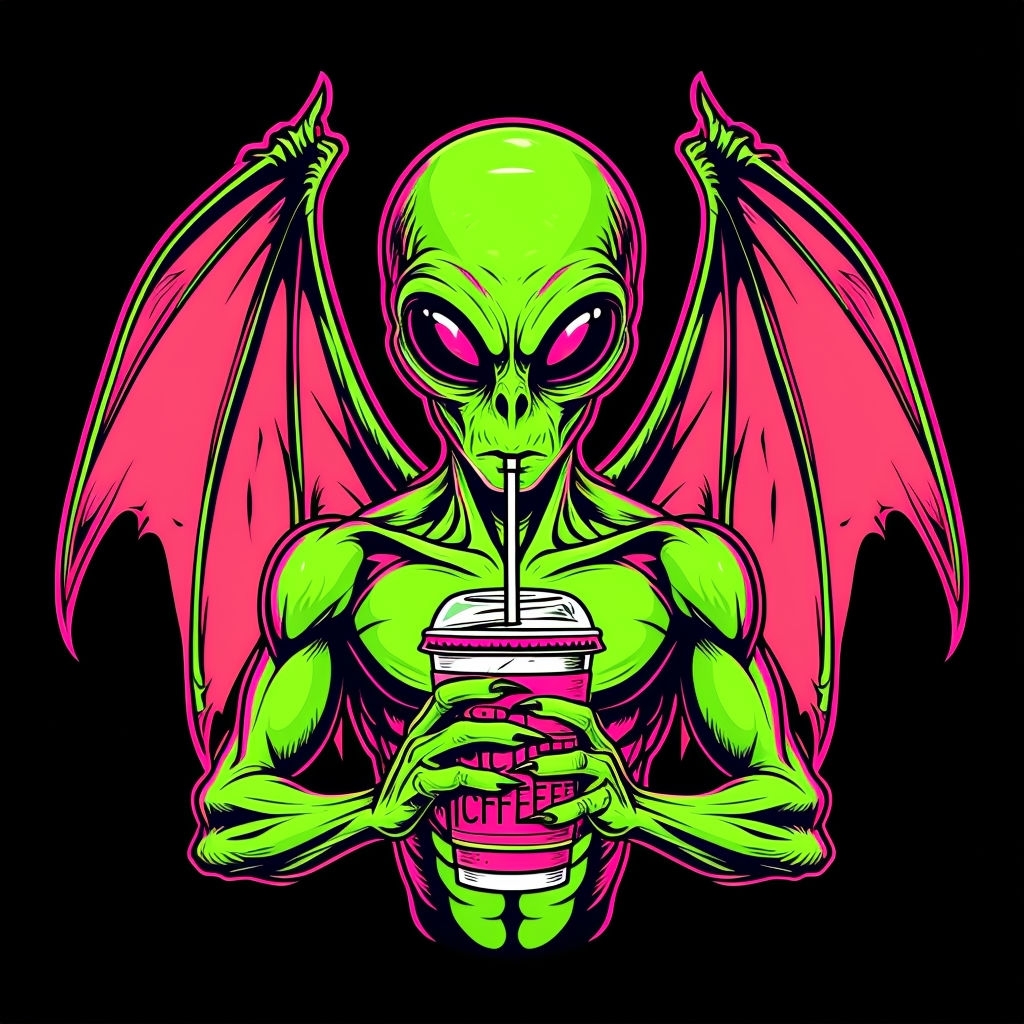 Lime Green Alien with Iced Coffee and Bat Wings T-Shirt