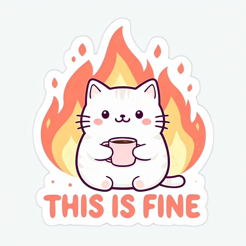 Cute Chubby Cat with Coffee and Flames Kawaii Sticker