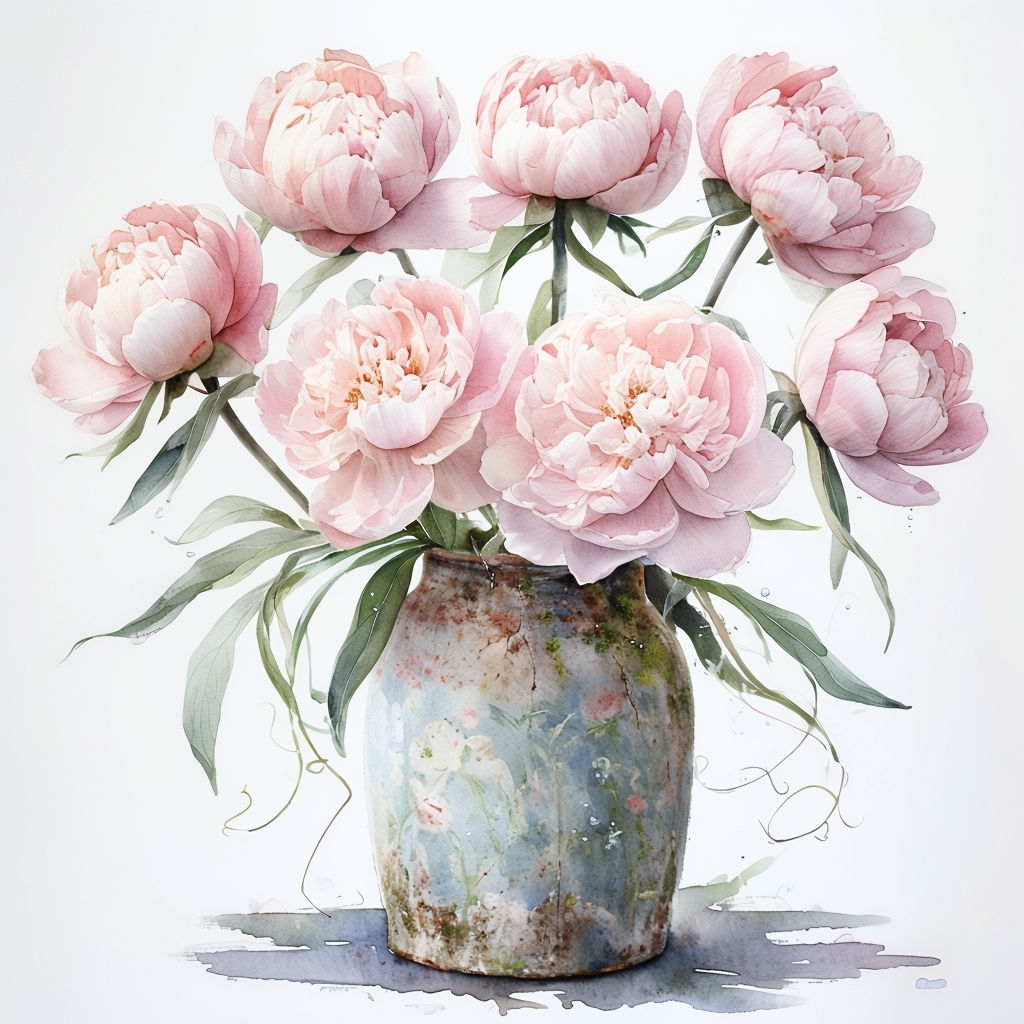 Soft Pink Peonies Watercolor Art in Vintage Vase Mug
