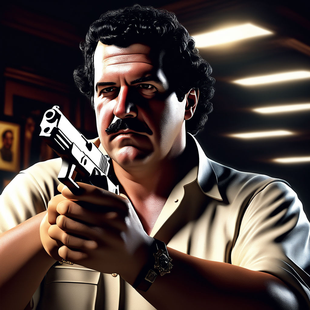 Create a self portail of pablo escobar with gun ultra realis... by ...