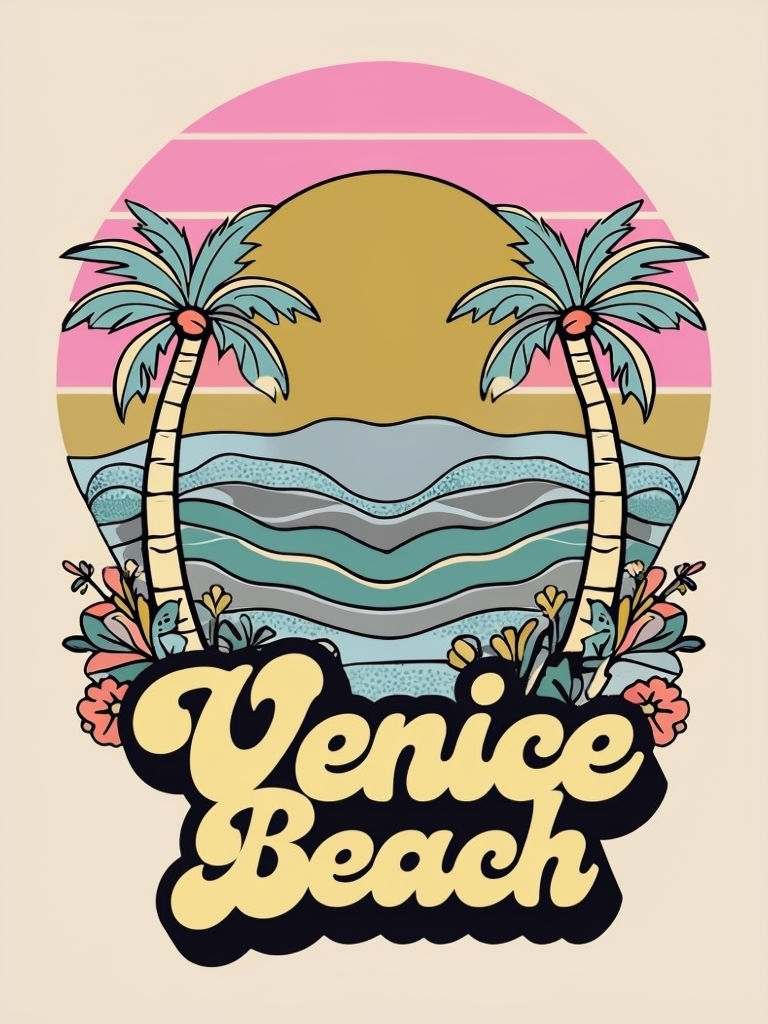 Colorful Retro Venice Beach Sunset Illustration Poster