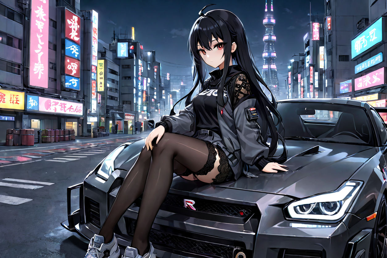 hot tall anime girl sitting on a car