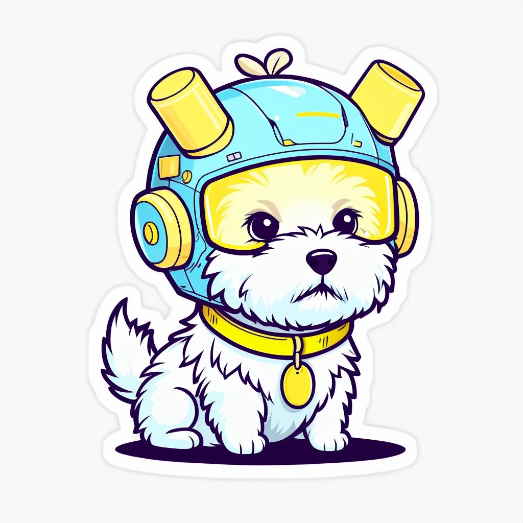 Playful Cartoon White Dog with Futuristic Helmet Sticker