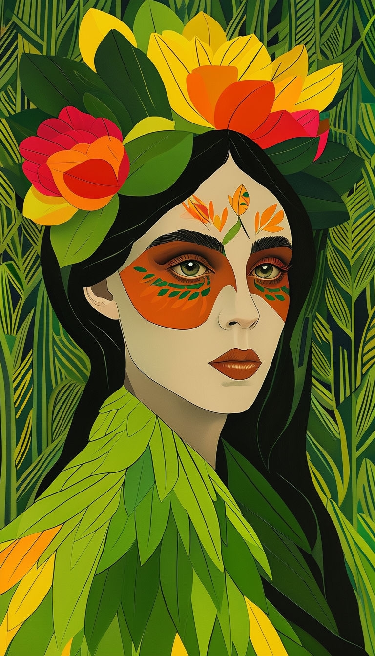 Surreal Nature-Inspired Portrait with Leaf and Flower Elements Art
