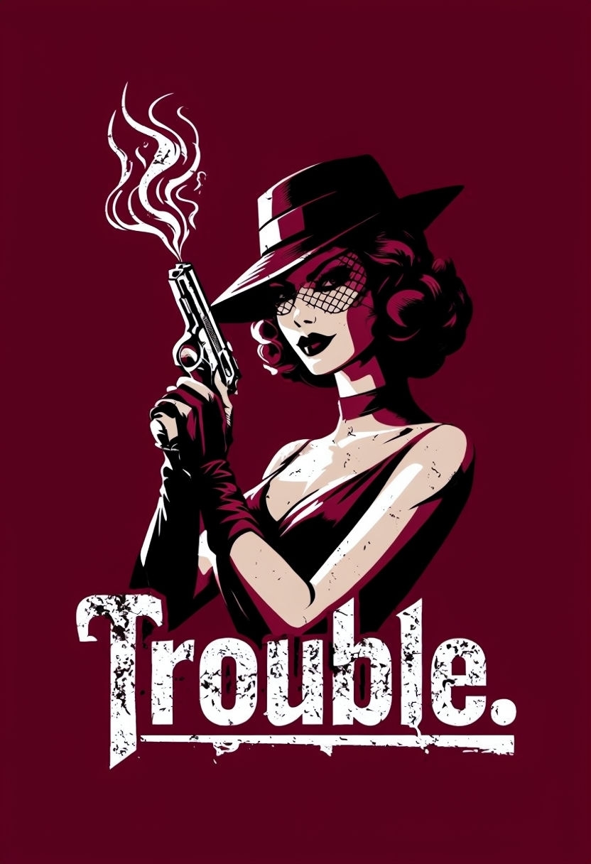 Vintage Femme Fatale with Pistol Trouble Graphic T-Shirt