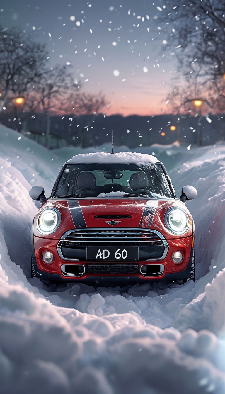 Vibrant Red Mini Cooper in Snowy Twilight Scene Art