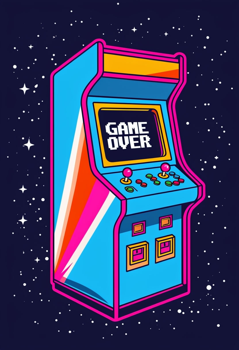 Nostalgic Retro Arcade Cabinet Illustration with Game Over Screen Poster