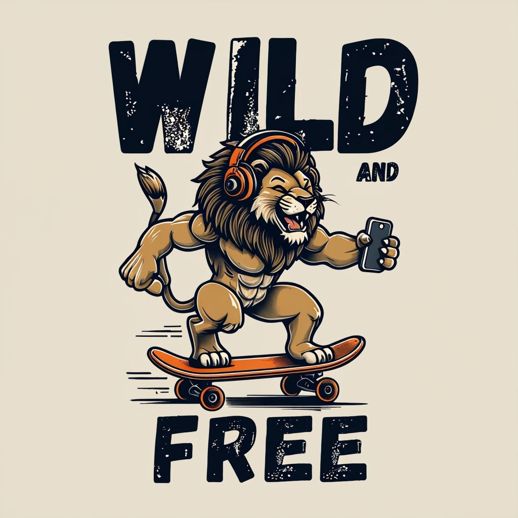 Wild and Free Cartoon Lion Skateboarding T-Shirt