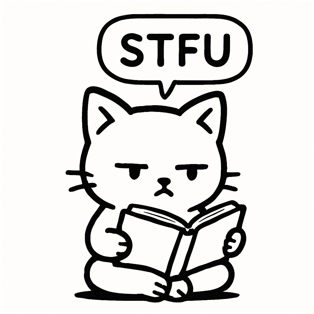Minimalist Black and White Cat Holding Book with Speech Bubble Sticker
