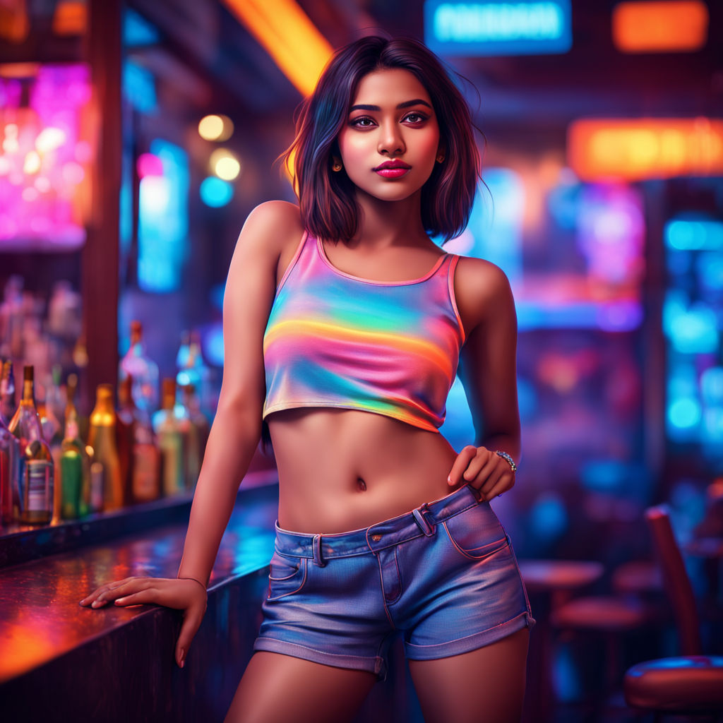 Short haired South Indian girl with Big boob wearing loose tank top at  night club