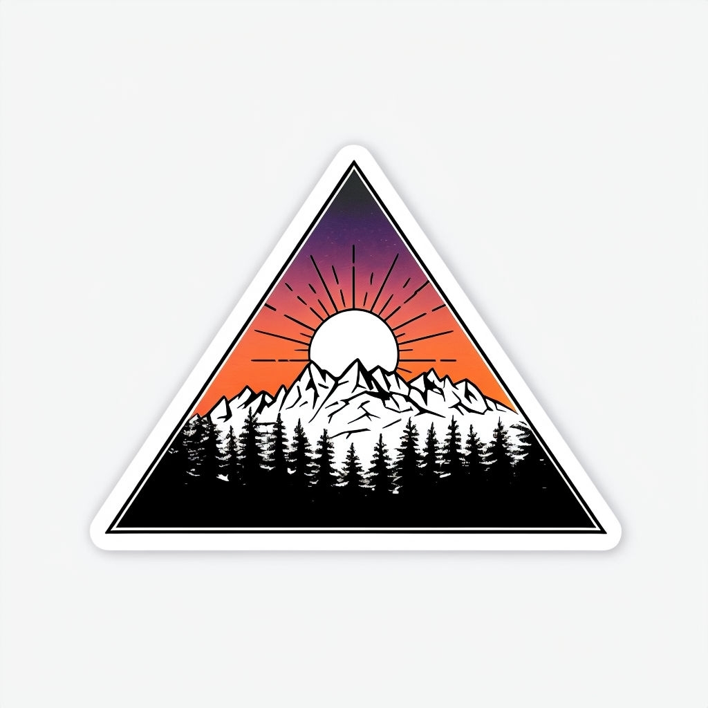 Alpine Landscape Triangle Emblem with Sunset and Mountains Sticker