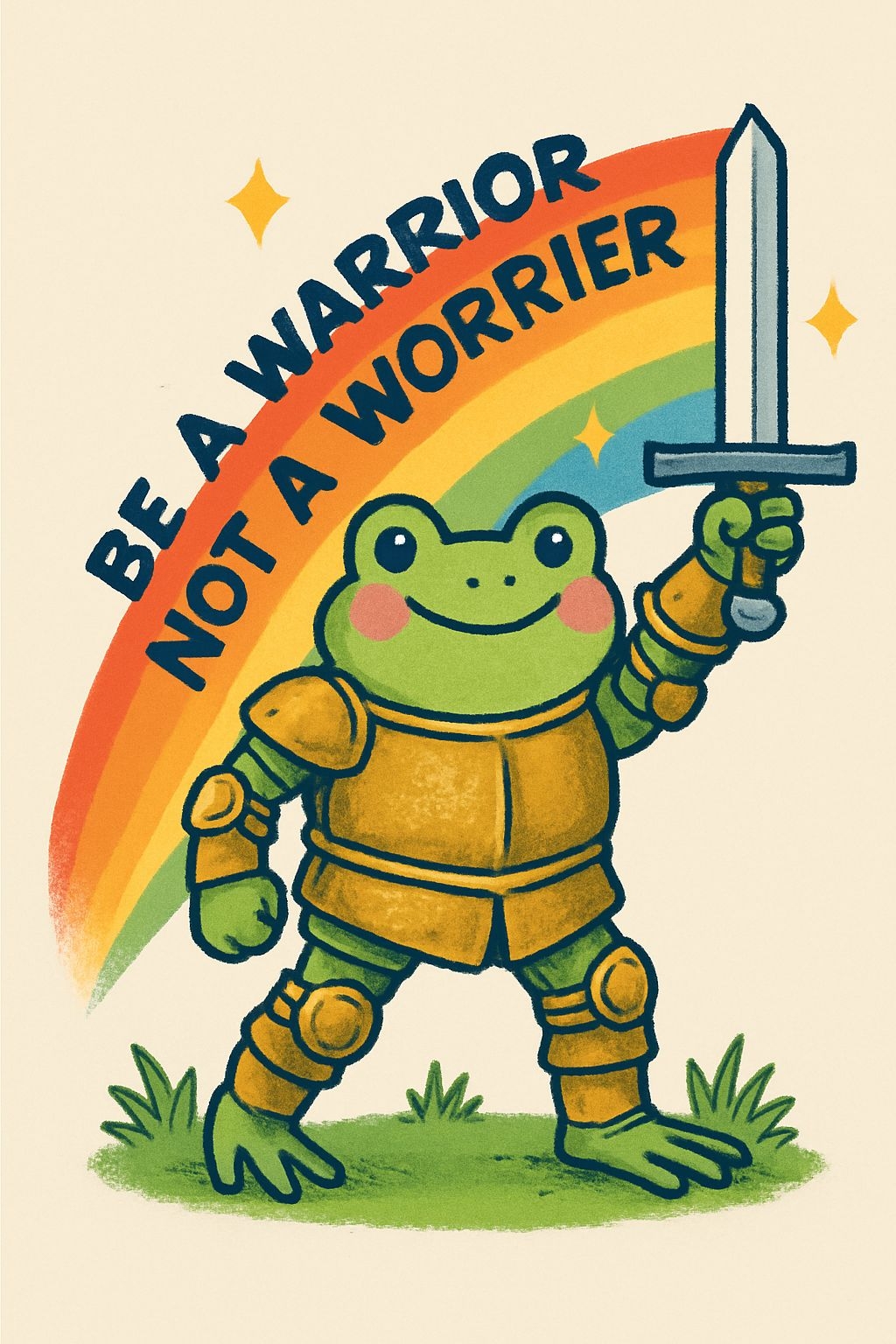 Cheerful Frog Knight with Motivational Quote Rainbow Poster