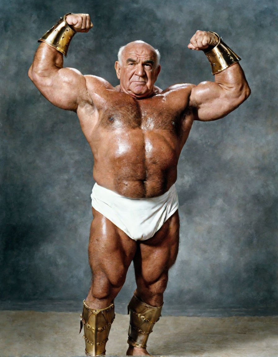 ed asner. face to face meeting between 2 shirtless men: A 37 year old  smiling shirtless ed asner and zangief. Ed works out and becomes a 299 lb  extremely muscular bodybuilder! BROAD shoulders