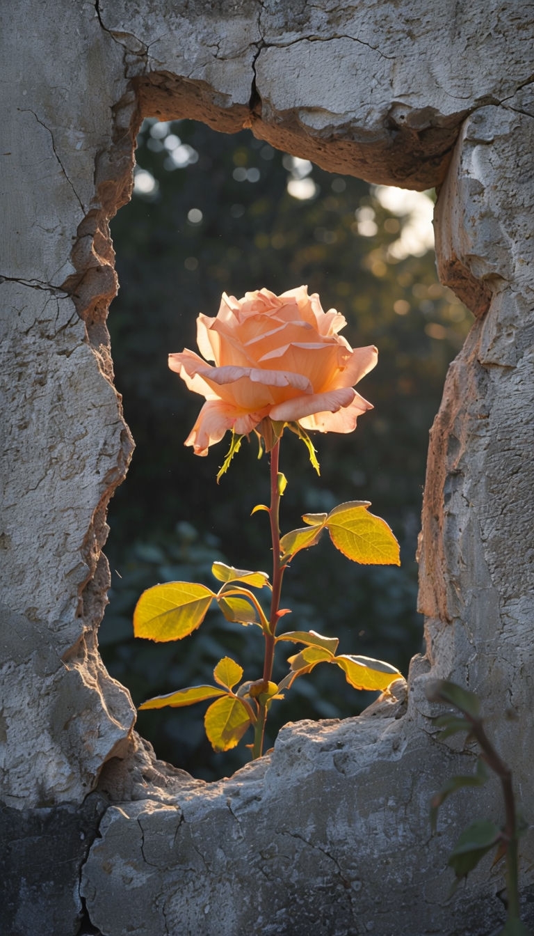 Peach Rose Blooming Through Gray Wall with Natural Light Mobile Wallpaper