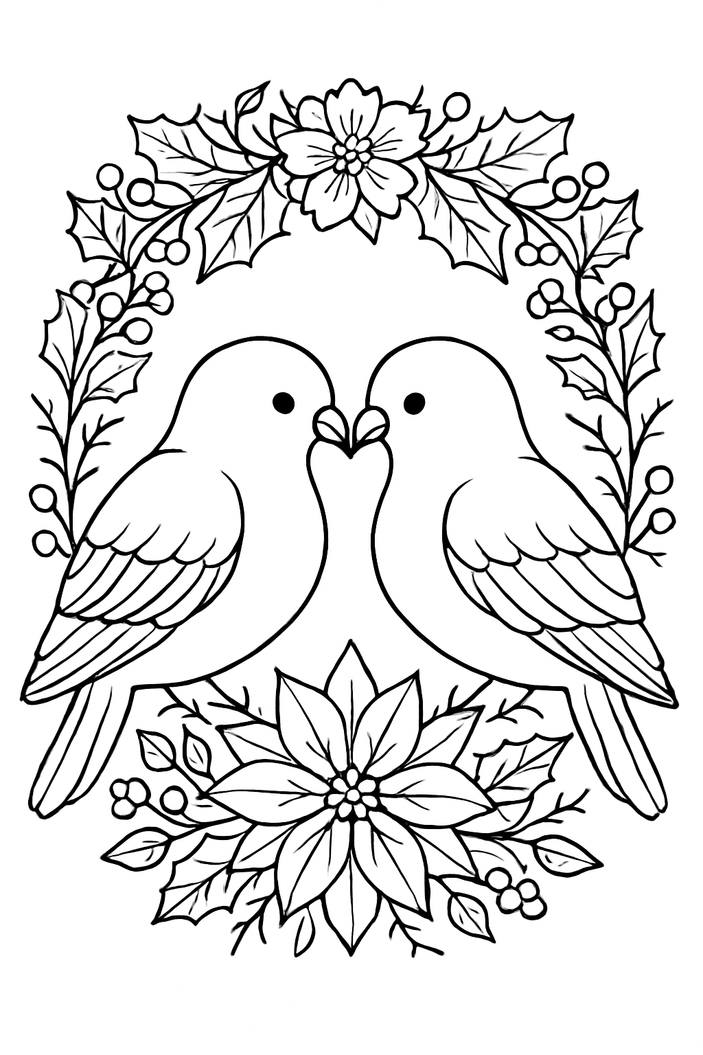 Symmetrical Birds and Poinsettia Wreath Line Art Coloring Page