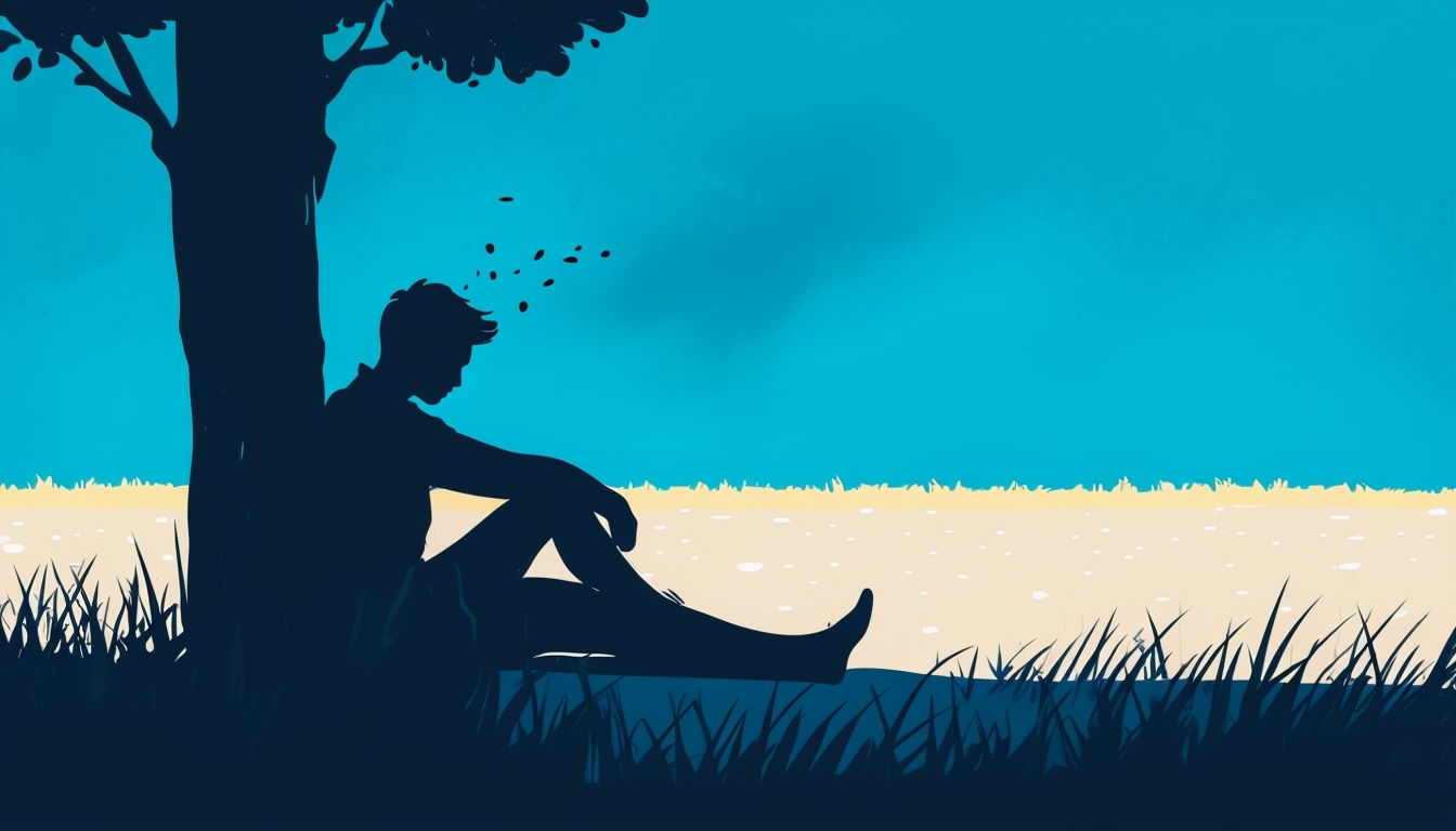 Contemplative Silhouette Against Vibrant Cyan Sky Background