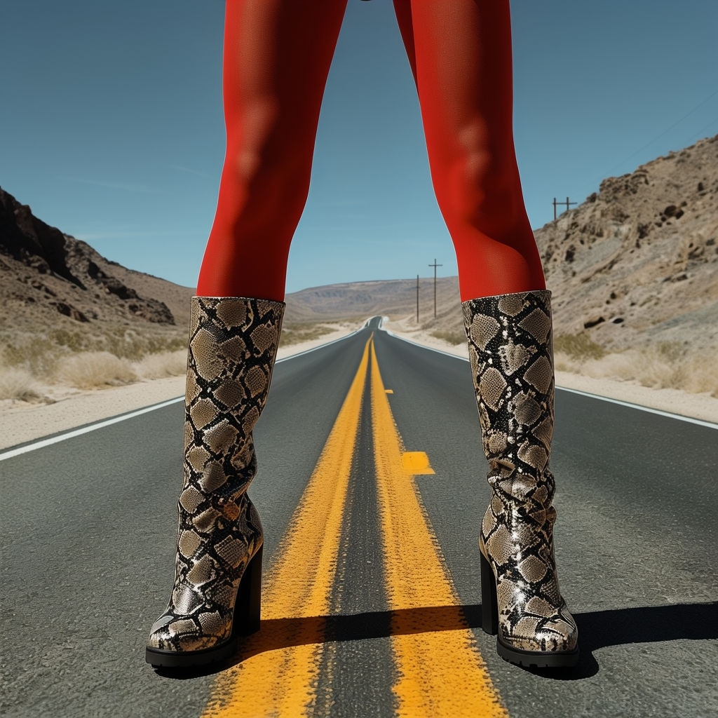 Bold Red Tights and Snake Print Boots on Desert Road Spotify Album Cover