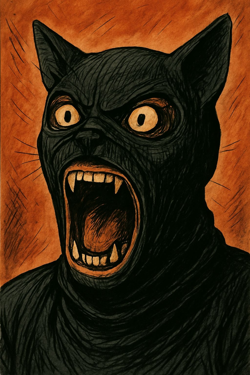 Cat-Faced Humanoid Figure Illustration with Intense Expression Art
