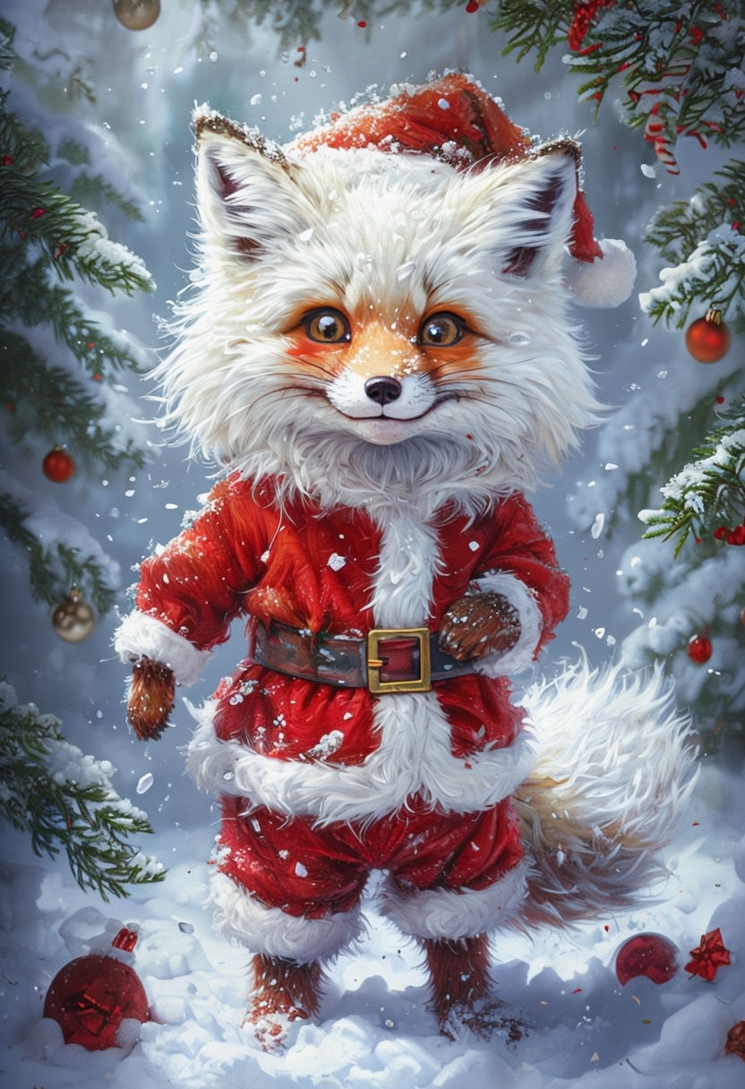 Jolly Snow Fox in Santa Suit Holiday Art Print