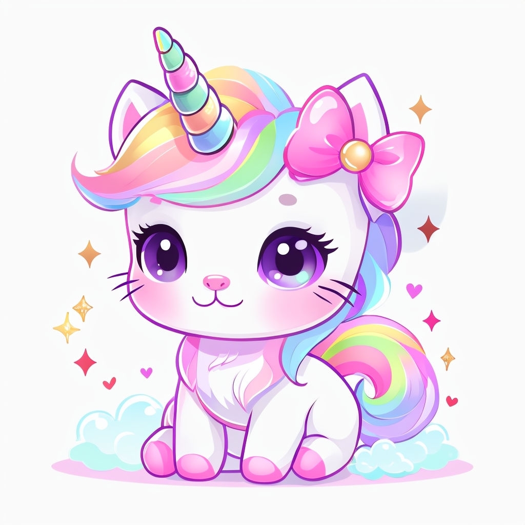 Cute Cartoon White Unicorn Cat with Colorful Mane T-Shirt