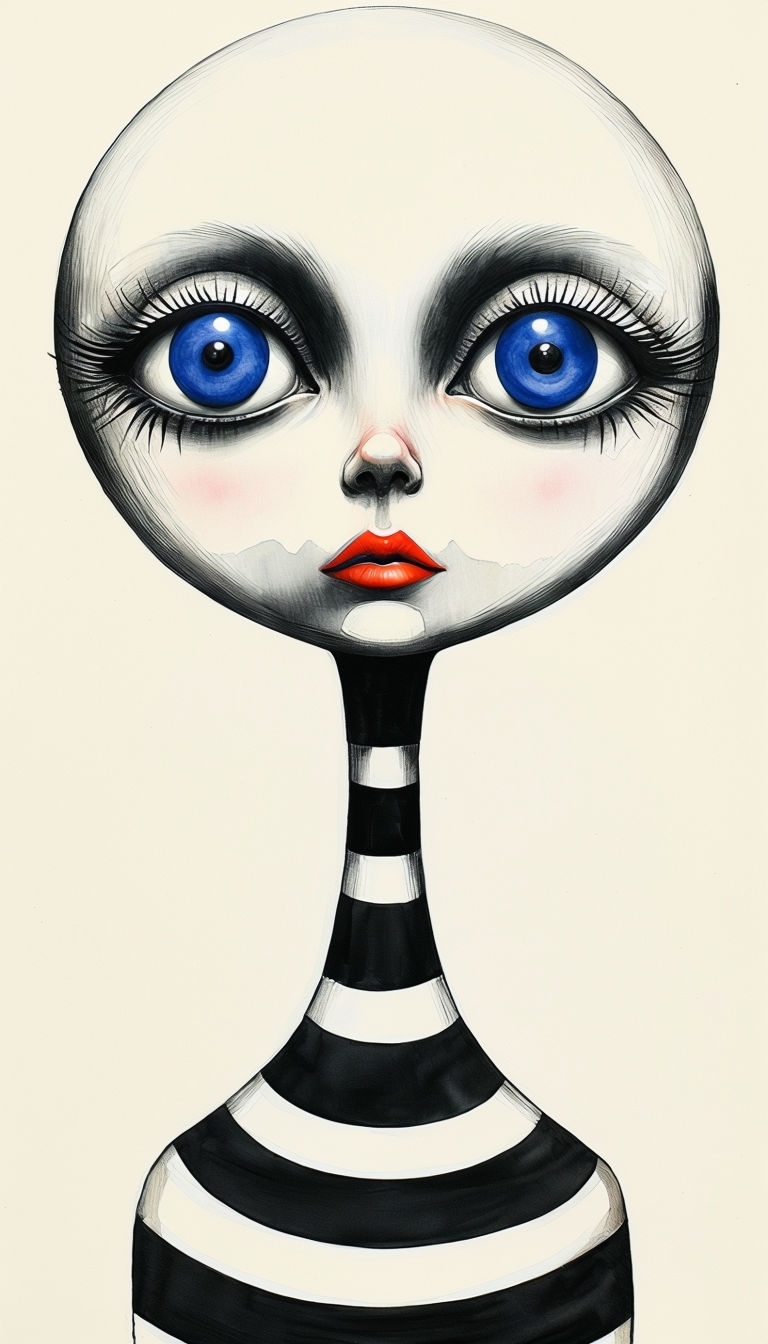 "Cobalt Blue Eye Figure with Long Neck Watercolor Illustration Art"